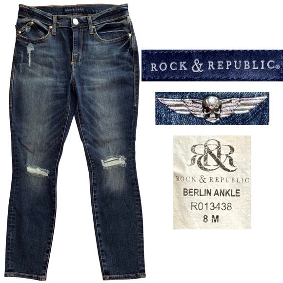 Rock & Republic Berlin Ankle Jeans Dark Wash Distressed Size 8 Skinny Cropped - Picture 1 of 6